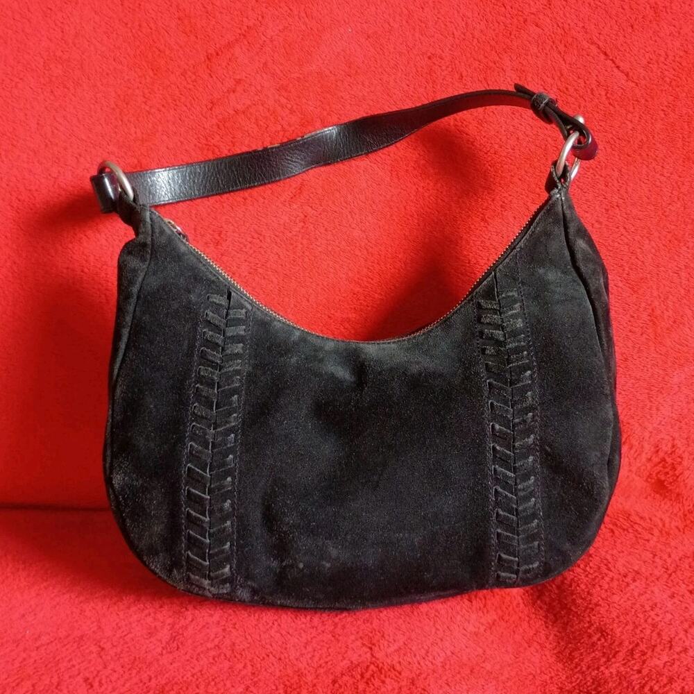 Lauren Ralph Lauren Black Suede Shoulder Bag Y2K Baguette Hobo Purse Whipstich
